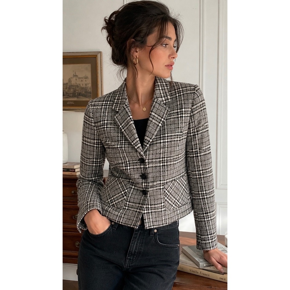 Pendleton Blazer Petite 4P Black White Plaid‎ Crop Jacket Academia Quiet Luxury
